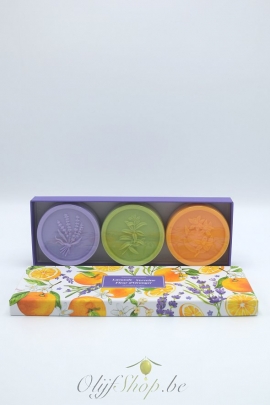 Luxe geschenkkoffer met 3 ronde zepen - lavendel, verveine, fleur d'oranger EP