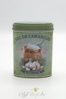 Camargue zout met tijm en look in retro blikje