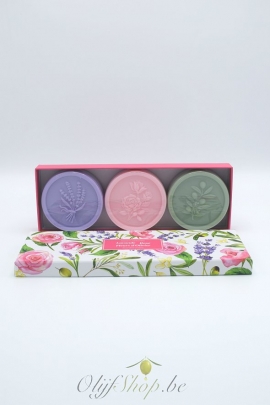 Luxe geschenkkoffer met 3 ronde zepen - lavendel, rozen, fleur d'olivier EP